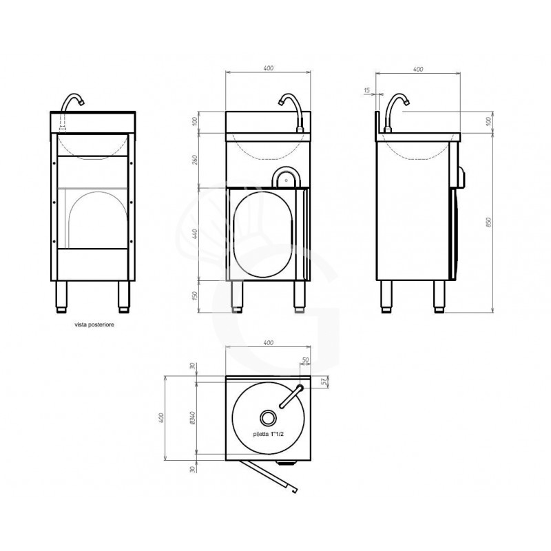 Fregadero sobre mueble con mando de rodilla y puerta batiente
