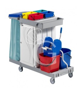 Carro de limpieza polivalente con soporte para bolsas 6 cubos escurridor portabotellas ganchos L 1330 mm x P 680 mm x A 1240 mm