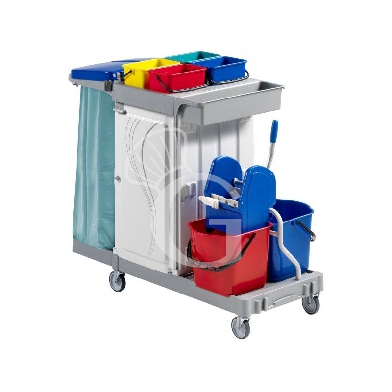 Carro de limpieza polivalente con soporte para bolsas 6 cubos escurridor portabotellas ganchos L 1330 mm x P 680 mm x A 1240 mm Carro de limpieza polivalente con soporte para bolsas 6 cubos escurridor portabotellas ganchos L 1330 mm x P 680 mm x A 1240 mm