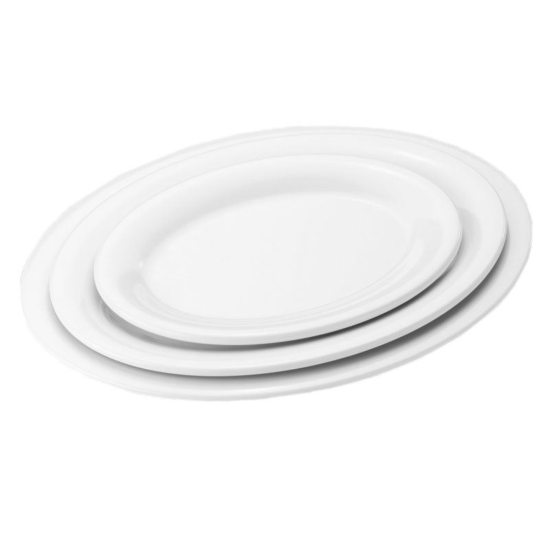 Plato ovalado de melamina extrafuerte con dimensiones L 305 mm x P 232 mm x A 25 mm