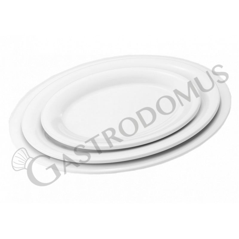 Plato ovalado de melamina extrafuerte con dimensiones L 342 mm x P 268 mm x A 27 mm