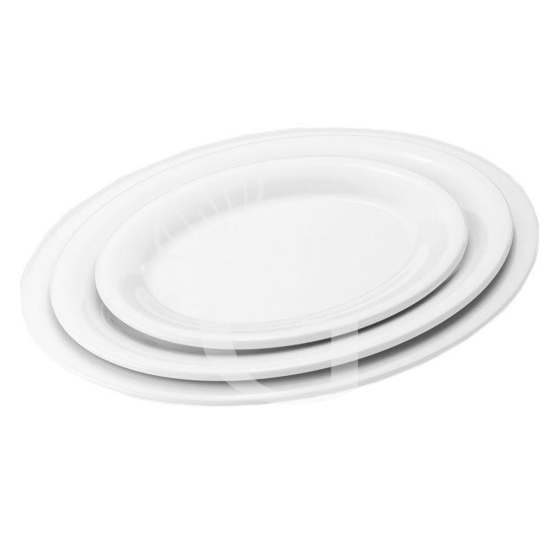 Plato ovalado de melamina extrafuerte con dimensiones L 342 mm x P 268 mm x A 27 mm