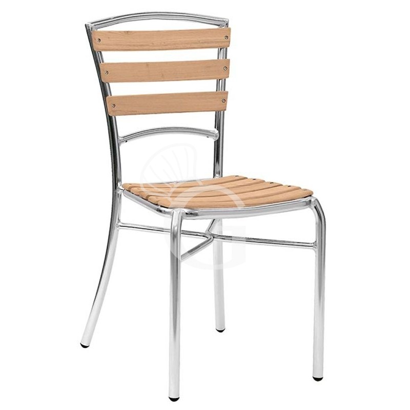 Silla Ibis con estructura de aluminio anodizado, asiento y respaldo con listones de roble Silla Ibis con estructura de aluminio anodizado, asiento y respaldo con listones de roble