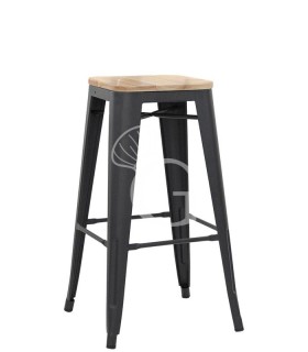 Taburete Time con estructura de metal pintado y asiento de madera