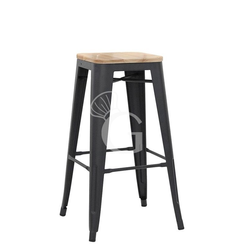 Taburete Time con estructura de metal pintado y asiento de madera