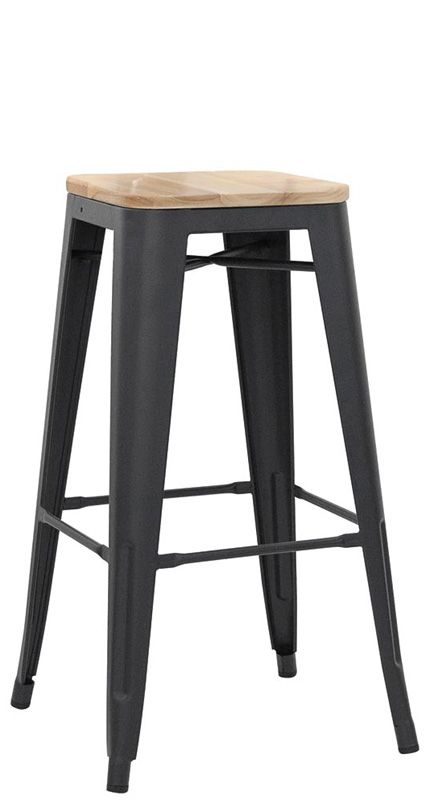 Taburete Time con estructura de metal pintado y asiento de madera
