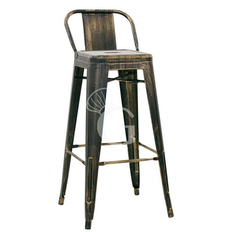 Taburete Skip con estructura, respaldo y asiento de metal pintado efecto antiguo
