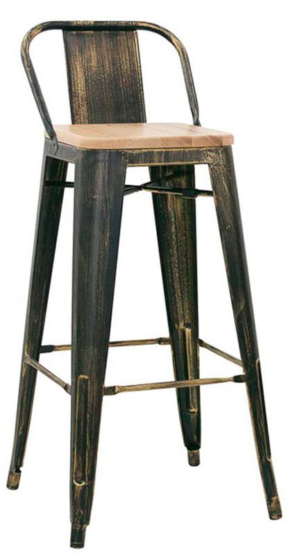 Taburete Race con estructura y respaldo de metal pintado con efecto antiguo, asiento de madera