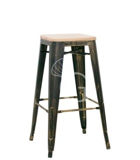 Taburete Cloud con estructura de metal pintado con efecto antiguo y asiento de madera
