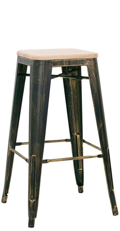 Taburete Cloud con estructura de metal pintado con efecto antiguo y asiento de madera