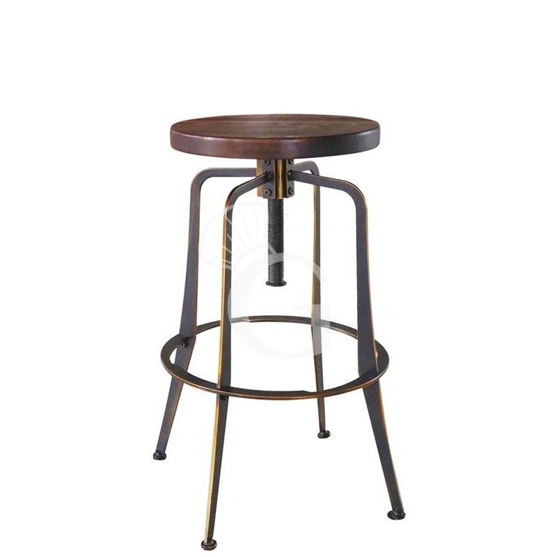 Taburete Dust con estructura de metal pintado con efecto envejecido y asiento de madera