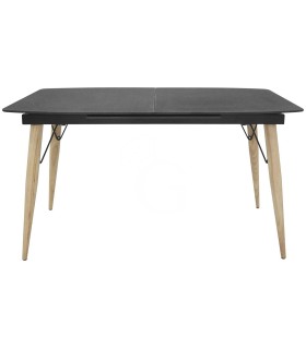 Mesa con estructura de metal pintado, patas de madera y tapa de vidrio, L 1400/2000 mm
