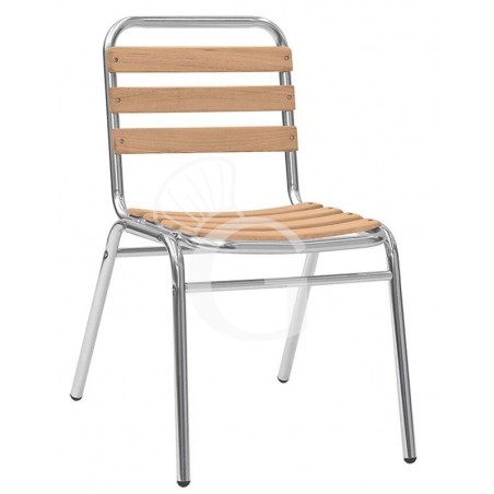 Silla Maya con estructura de aluminio anodizado, asiento y respaldo con listones de roble Silla Maya con estructura de aluminio anodizado, asiento y respaldo con listones de roble