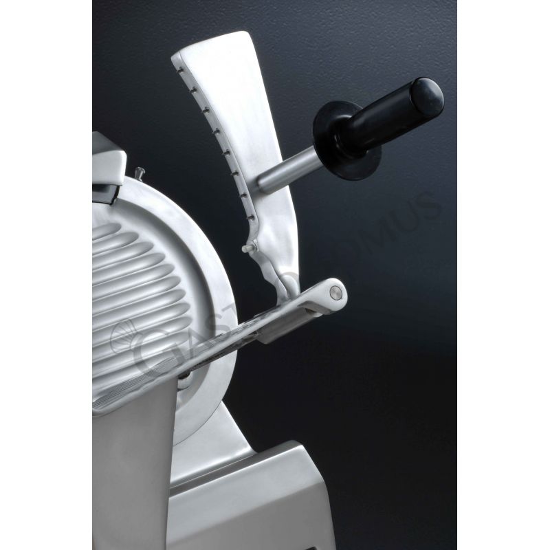 Cortadora de fiambre por gravedad de aluminio, diámetro cuchilla 300 mm, afilador fijo y carrera larga