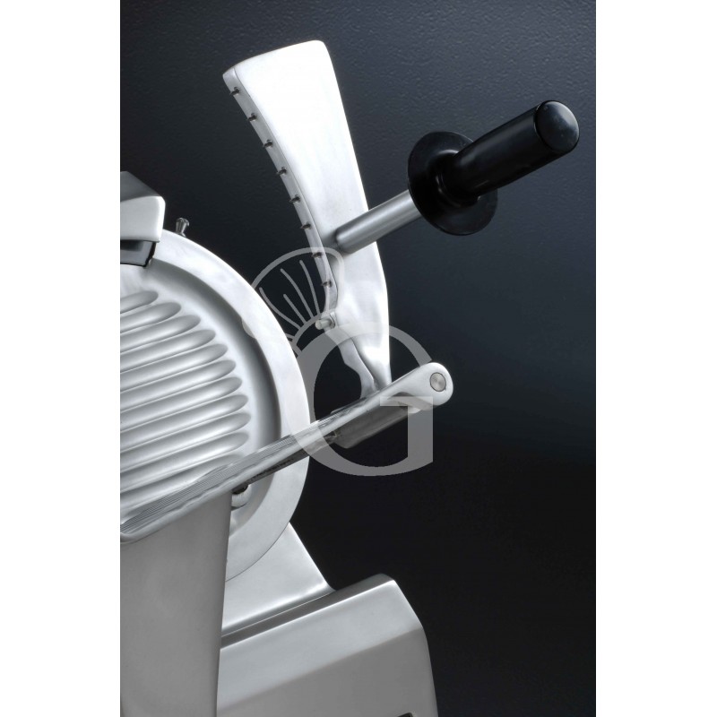 Cortadora de fiambre por gravedad de aluminio, diámetro cuchilla 300 mm, afilador fijo, carro extraíble, motor 0,5 hp