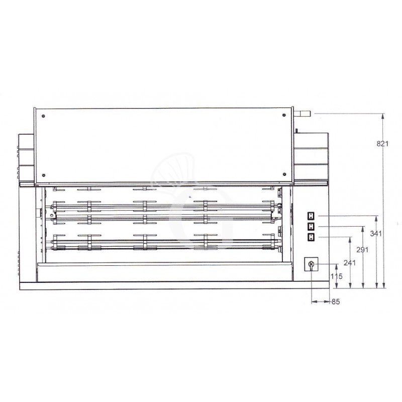 Asador de pollos planetario eléctrico con 6 varillas, L 1450 mm x P 680 mm x A 750 mm, capacidad 42 pollos