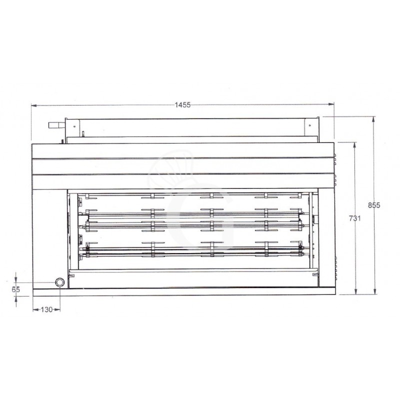 Asador de pollos planetario eléctrico con 6 varillas, L 1450 mm x P 680 mm x A 750 mm, capacidad 42 pollos