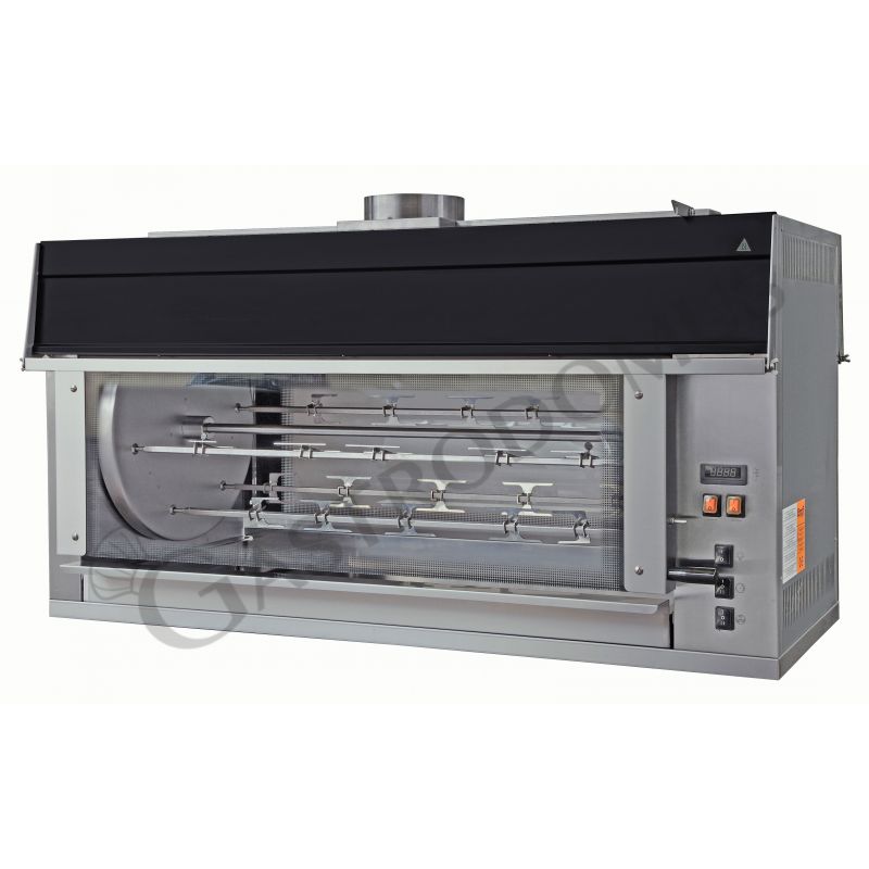 Asador de pollos planetario eléctrico con 15 varillas, L 1450 mm x P 880 mm x A 950 mm, capacidad 105 pollos