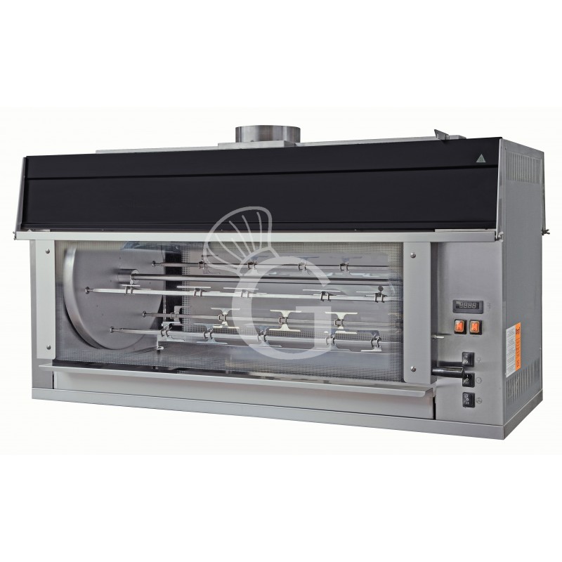 Asador de pollos planetario eléctrico con 18 varillas, L 1450 mm x P 930 mm x A 980 mm, capacidad 126 pollos