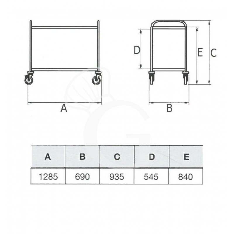 Carro de servicio de acero inoxidable con 2 estantes L 1285 mm x P 690 mm x A 935 mm