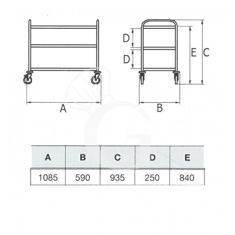 Carro de servicio de acero inoxidable con 3 estantes L 1085 mm x P 590 mm x A 935 mm
