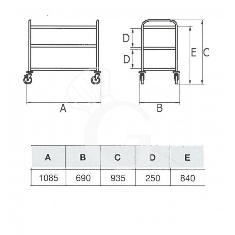 Carro de servicio de acero inoxidable con 3 estantes L 1085 mm x P 690 mm x A 935 mm