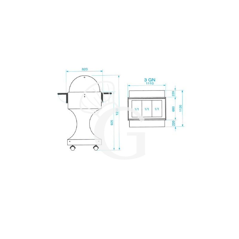 Carro refrigerado de madera con cúpula de plexiglás +2°C/+10°C - L 1110 mm x P 1120 x A 1250 mm