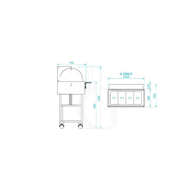 Vitrina buffet baño maría, en madera, con cúpula y estante para 4 cubetas GN1/1 y temperatura +30°C/+90°C