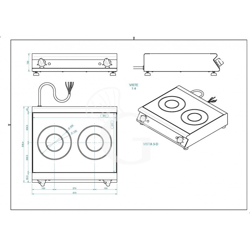Cocina de sobremesa en vitrocerámica profesional 2 zonas de cocción L 570 mm x P 510 mm x A 120 mm