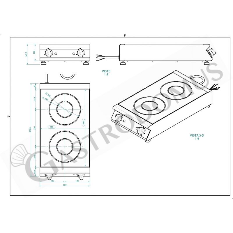 Cocina de sobremesa en vitrocerámica profesional 2 zonas de cocción L 360 mm x P 670 mm x A 120 mm