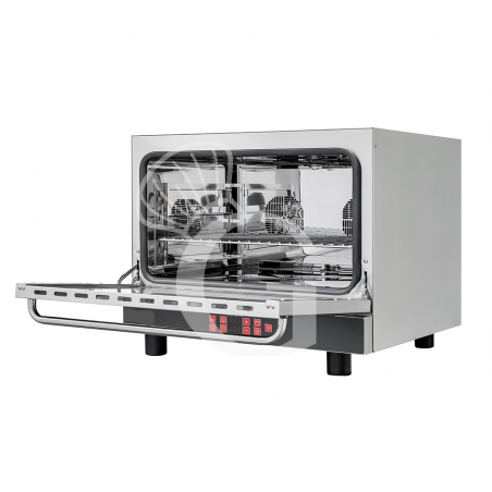 Horno eléctrico de convección para cruasanes, humidificador y grill, controles electrónicos, 4 bandejas GN 1/1 530x325 mm Horno eléctrico de convección para cruasanes, humidificador y grill, controles electrónicos, 4 bandejas GN 1/1 530x325 mm