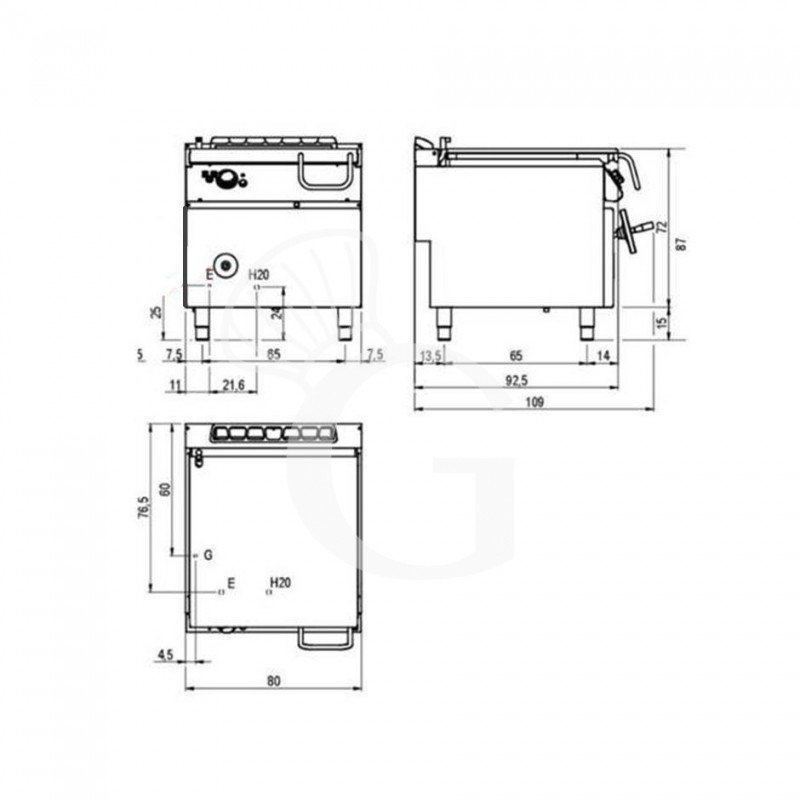Sartén basculante a gas con apertura automática, capacidad 80 LT L 800 mm x P 900 mm x A 870 mm