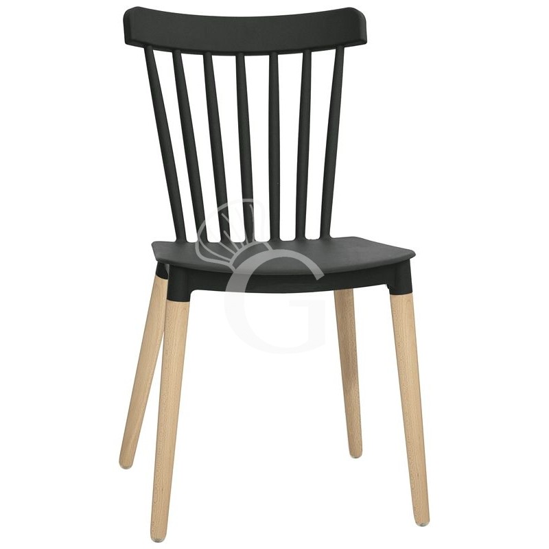 Silla Elena con patas de madera, asiento y respaldo de polipropileno Silla Elena con patas de madera, asiento y respaldo de polipropileno