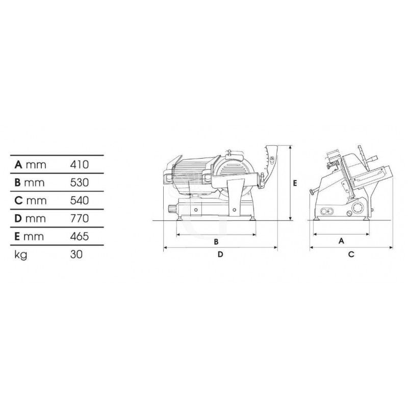 Cortadora de fiambre por gravedad de aluminio, diámetro cuchilla 300 mm, afilador fijo, carro extraíble, motor 0,5 hp