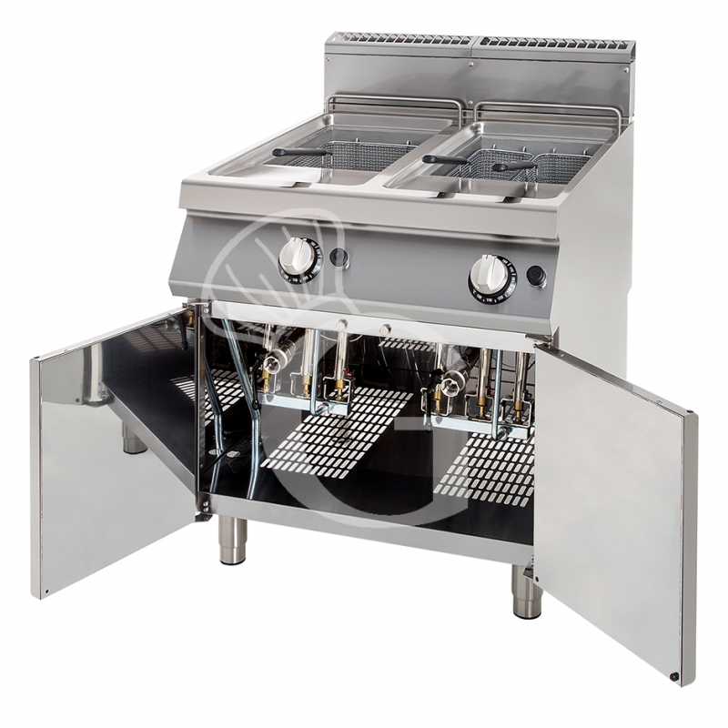 Freidora a gas sobre mueble con 2 cubas 22 LT + 22 LT 40 Kw