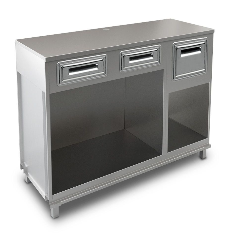 Mueble cafetero con cajones, tolva y sobre en acero inoxidable - L 1500 mm x P 560 mm x H 1155 mm