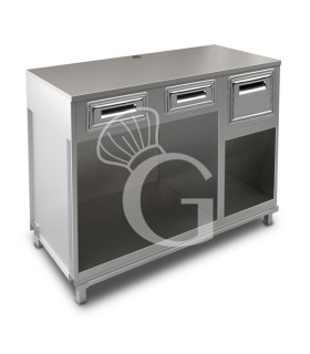 Mueble cafetero con cajones, tolva y sobre en acero inoxidable - L 1500 mm x P 670 mm x H 1155 mm
