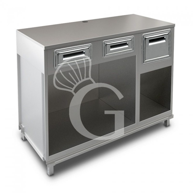 Mueble cafetero con cajones, tolva y sobre en acero inoxidable - L 1500 mm x P 670 mm x H 1155 mm Mueble cafetero con cajones, tolva y sobre en acero inoxidable - L 1500 mm x P 670 mm x H 1155 mm