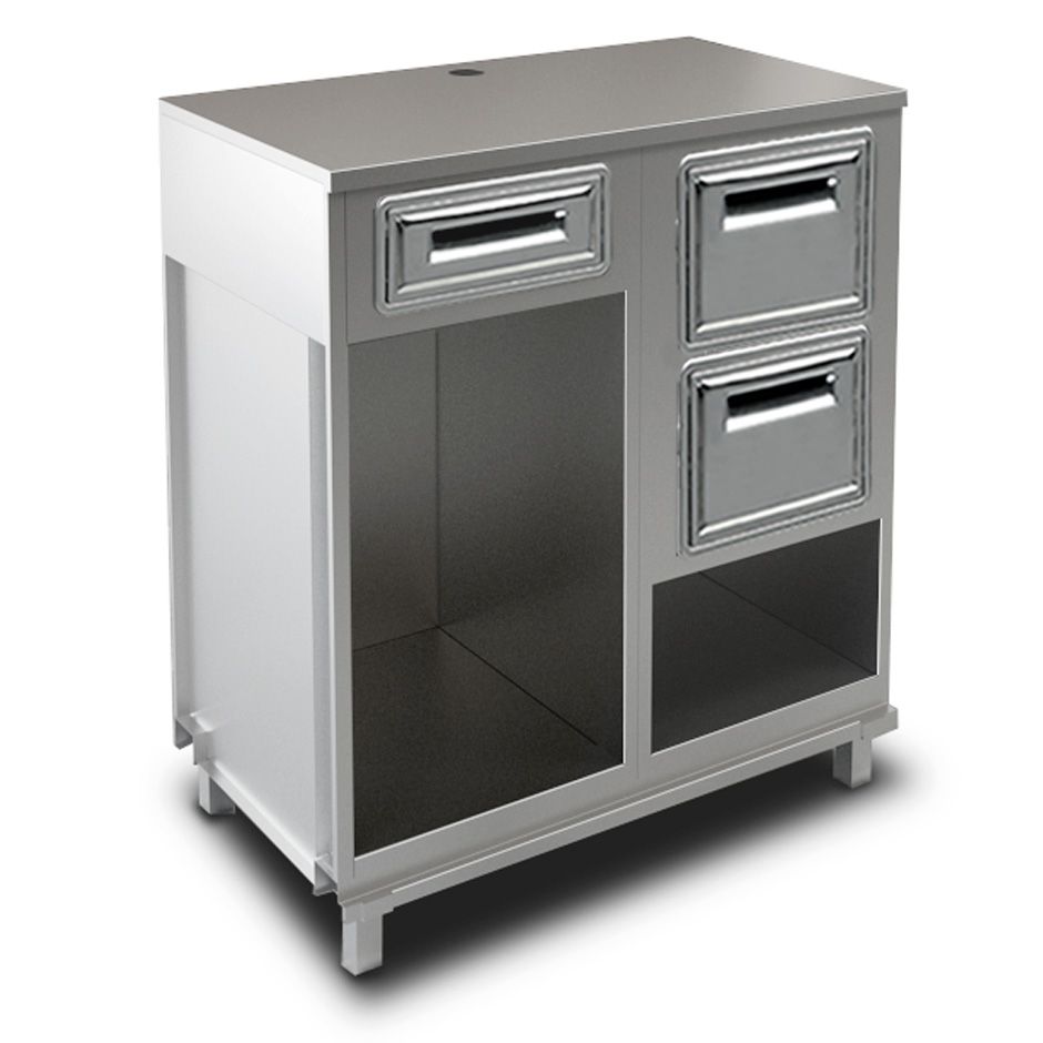 Mueble cafetero con cajón,  tolva con reserva y sobre en acero inoxidable - L 1000 mm x P 560 mm x H 1155 mm