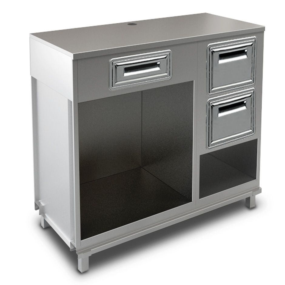 Mueble cafetero con cajón, tolva con reserva y sobre en acero inoxidable - L 1250 mm x P 560 mm x H 1155 mm