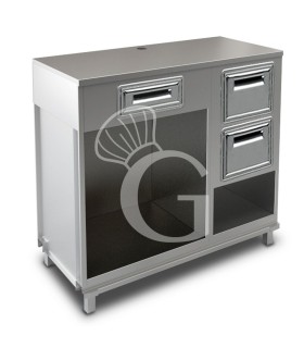 Mueble cafetero con cajón, 1 tolva con reserva y sobre en acero inoxidable - L 1250 mm x P 670 mm x H 1155 mm