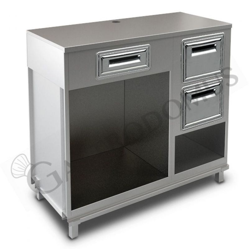 Mueble cafetero con cajón, 1 tolva con reserva y sobre en acero inoxidable - L 1250 mm x P 670 mm x H 1155 mm Mueble cafetero con cajón, 1 tolva con reserva y sobre en acero inoxidable - L 1250 mm x P 670 mm x H 1155 mm