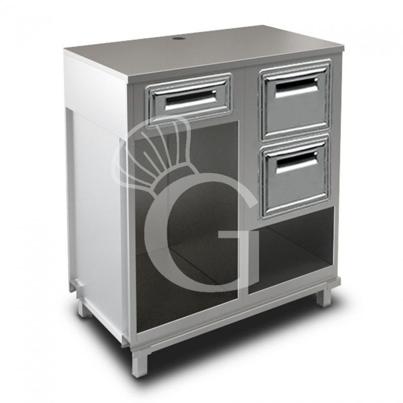 Mueble cafetero con encimera en acero inoxidable, cajón neutro, tolva con cajón recolector - L 1000 mm x P 670 mm x A 1140 mm