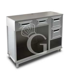 Mueble cafetero con cajones,  tolva con reserva y sobre en acero inoxidable - L 1500 mm x P 560 mm x H 1155 mm