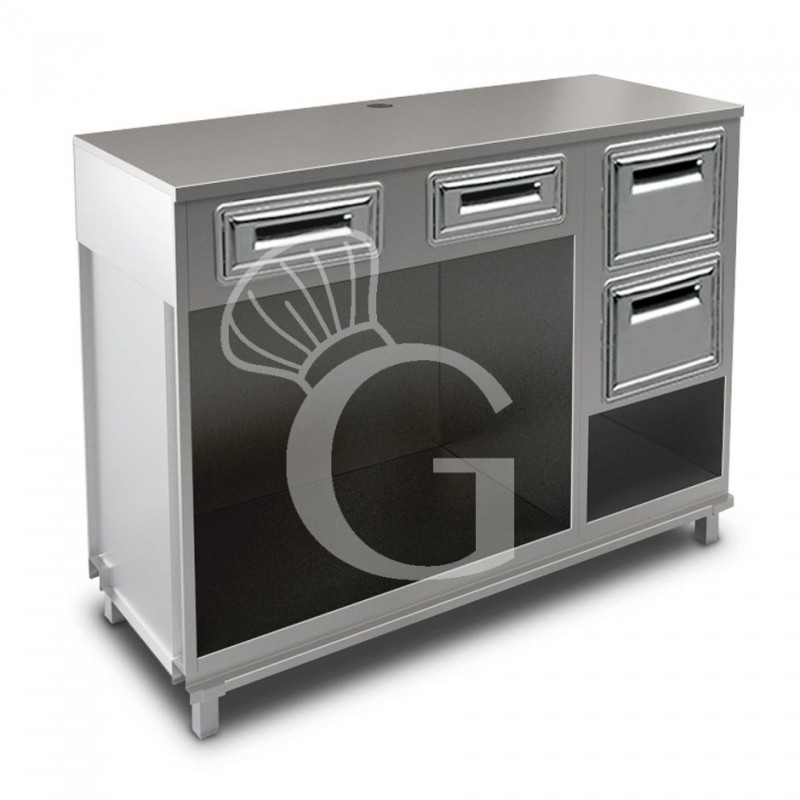 Mueble cafetero con cajones, tolva con reserva y sobre en acero inoxidable - L 1500 mm x P 560 mm x H 1155 mm Mueble cafetero con cajones, tolva con reserva y sobre en acero inoxidable - L 1500 mm x P 560 mm x H 1155 mm