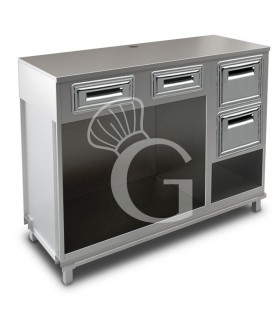 Mueble cafetero con cajones,  tolva con reserva y sobre en acero inoxidable - L 1500 mm x P 670 mm x H 1155 mm