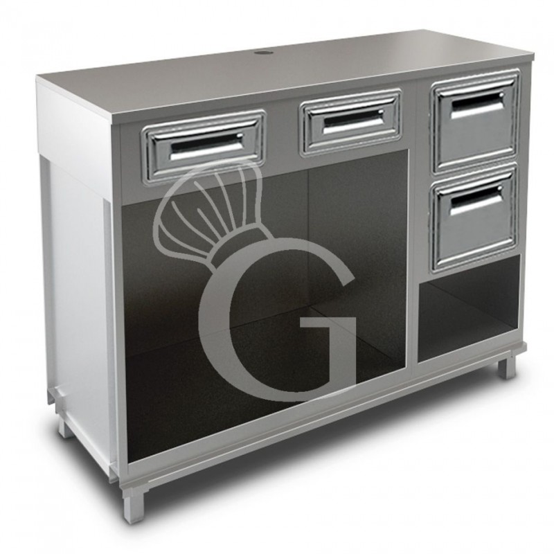 Mueble cafetero con cajones, tolva con reserva y sobre en acero inoxidable - L 1500 mm x P 670 mm x H 1155 mm Mueble cafetero con cajones, tolva con reserva y sobre en acero inoxidable - L 1500 mm x P 670 mm x H 1155 mm