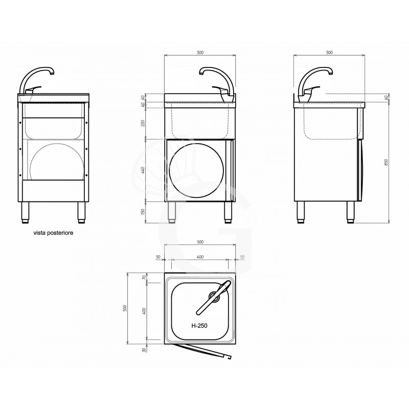 Fregadero de acero inoxidable sobre mueble, puerta batiente