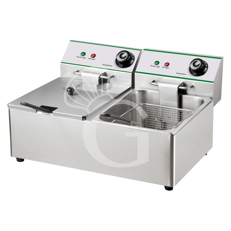 Freidora  eléctrica con capacidad  8 litros+8 litros, doble cuba, dimensiones L 545 mm x P 410 mm x H 325 mm