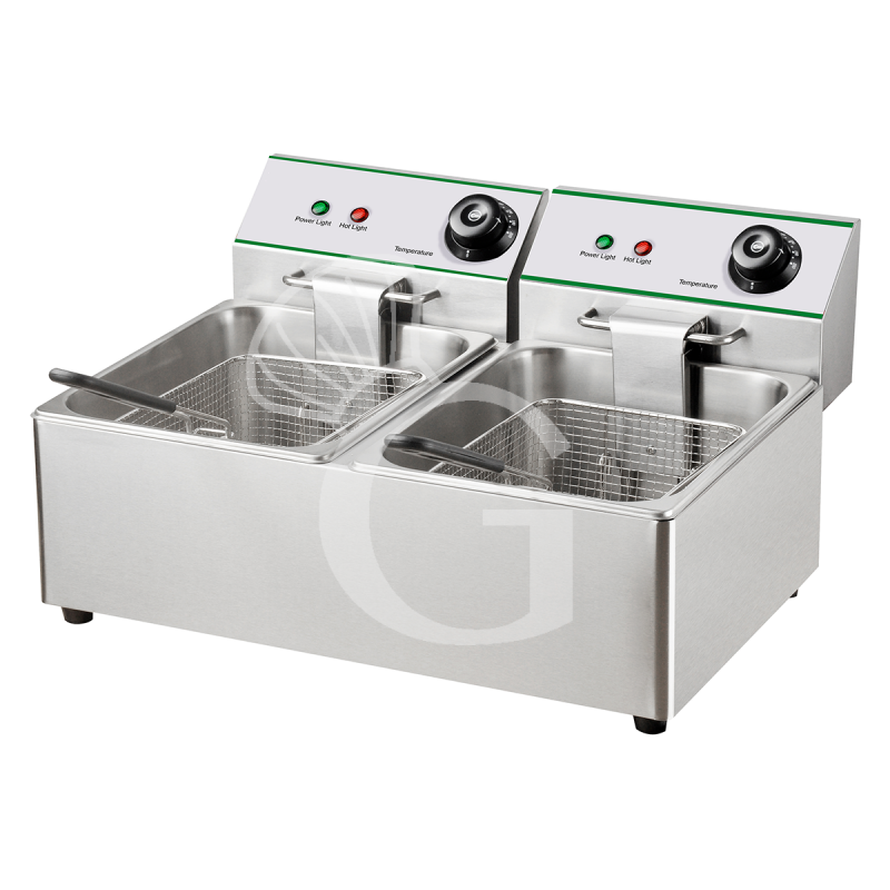 Freidora  eléctrica con capacidad  8 litros+8 litros, doble cuba, dimensiones L 545 mm x P 410 mm x H 325 mm